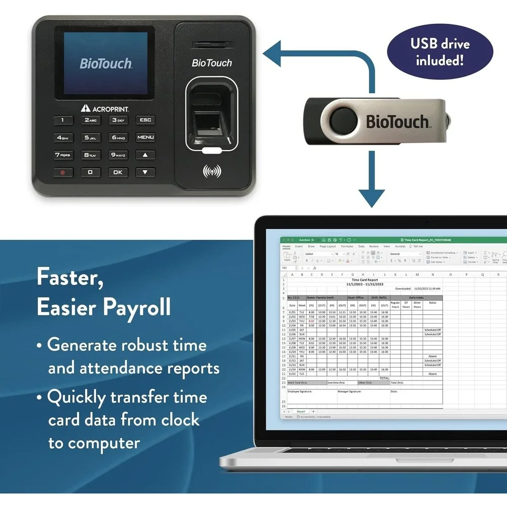 BioTouch Fingerprint Time Clock‎ – Acroprint – No Monthly Fee, USB & Secure Log